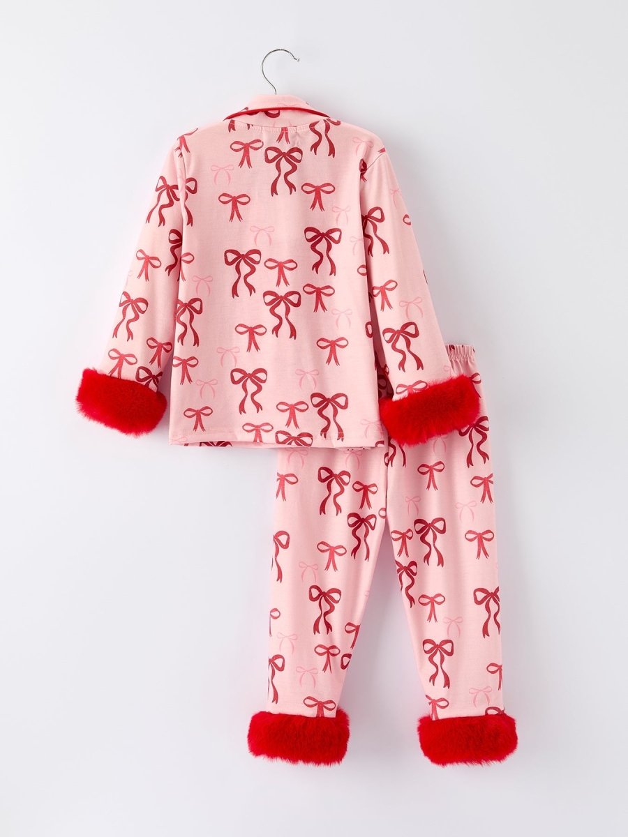 Rylee Faith Designs Christmas Bow Girls Pajama Set With Furry Trim For Girls - Everetts Place Boutique - 