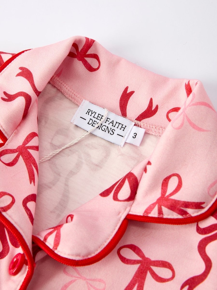 Rylee Faith Designs Christmas Bow Girls Pajama Set With Furry Trim For Girls - Everetts Place Boutique - 