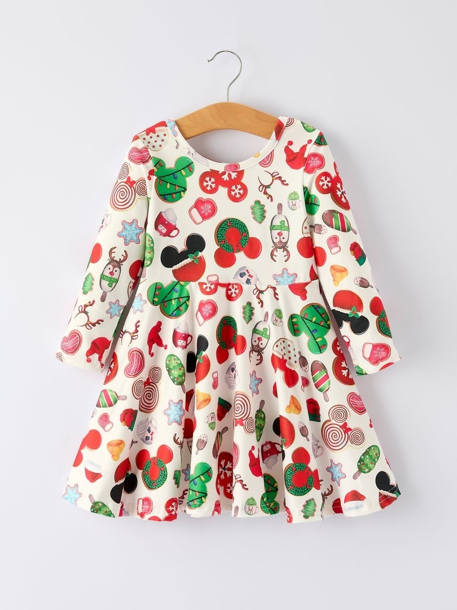 Christmas Cookie Print Cute Long Sleeve Dress for Girls - Everetts Place Boutique - 