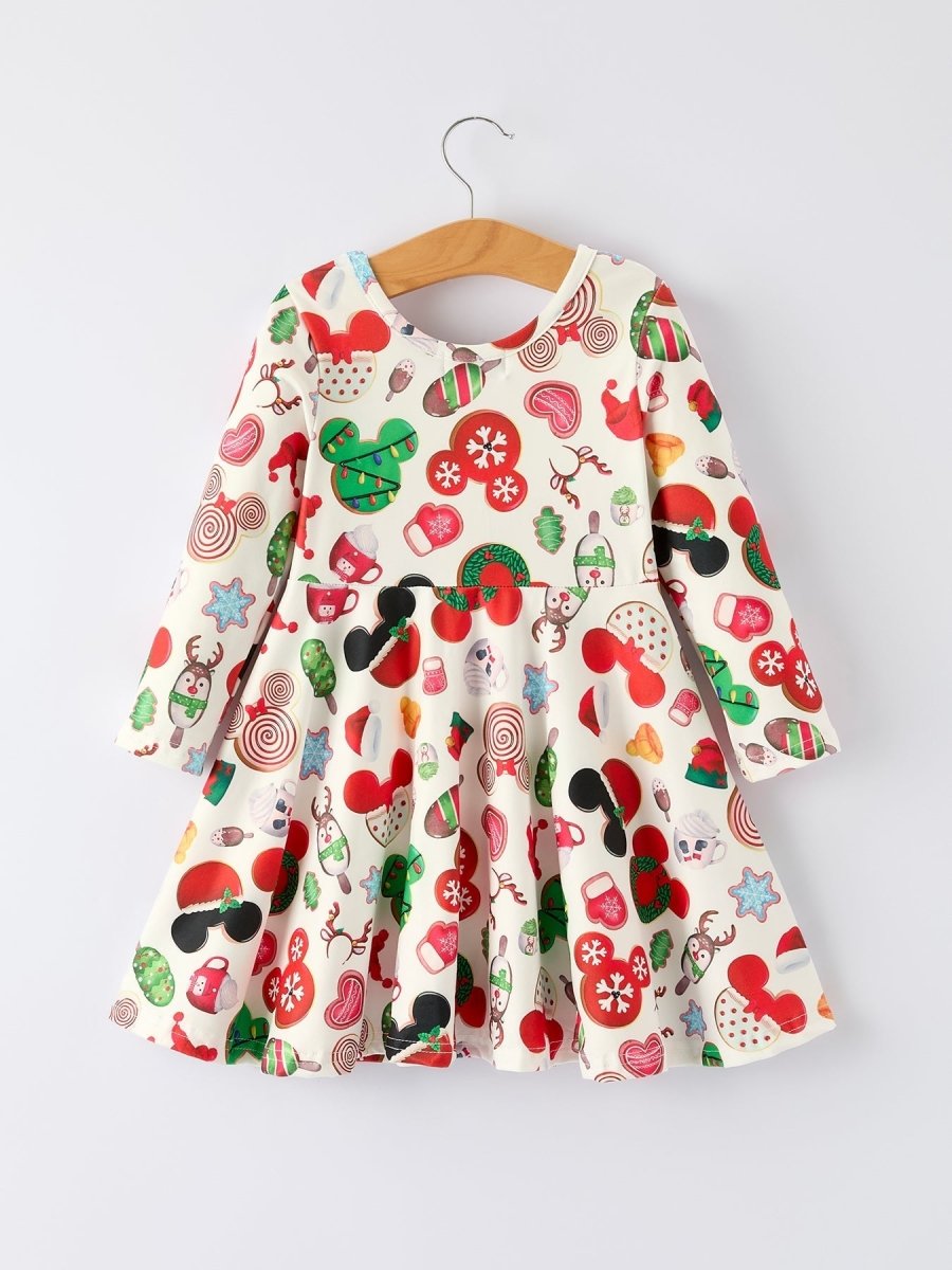 Christmas Cookie Print Cute Long Sleeve Dress for Girls - Everetts Place Boutique - 