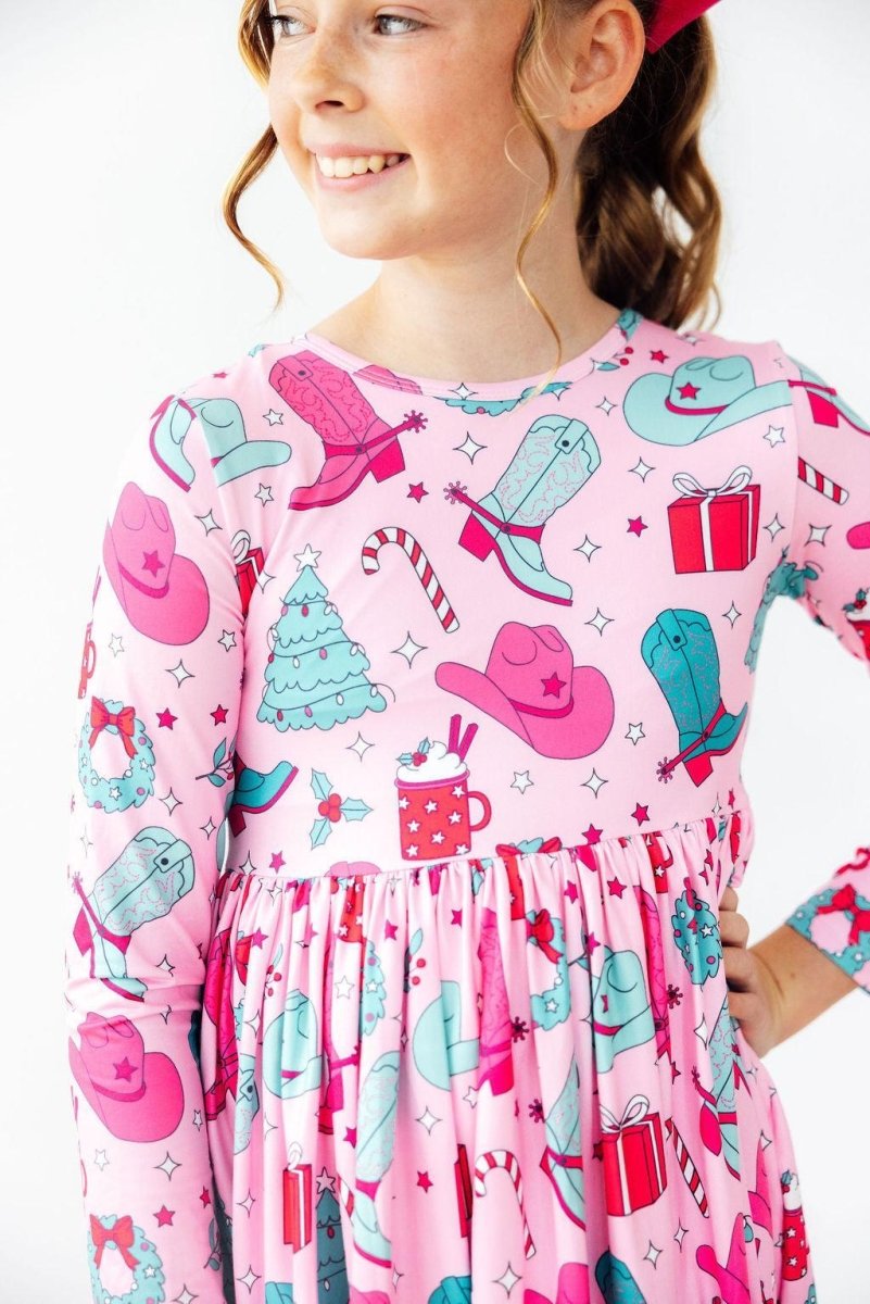 Mila & Rose ® Christmas Cowgirl Long Sleeve Pocket Twirl Dress For Girls - Everetts Place Boutique - 