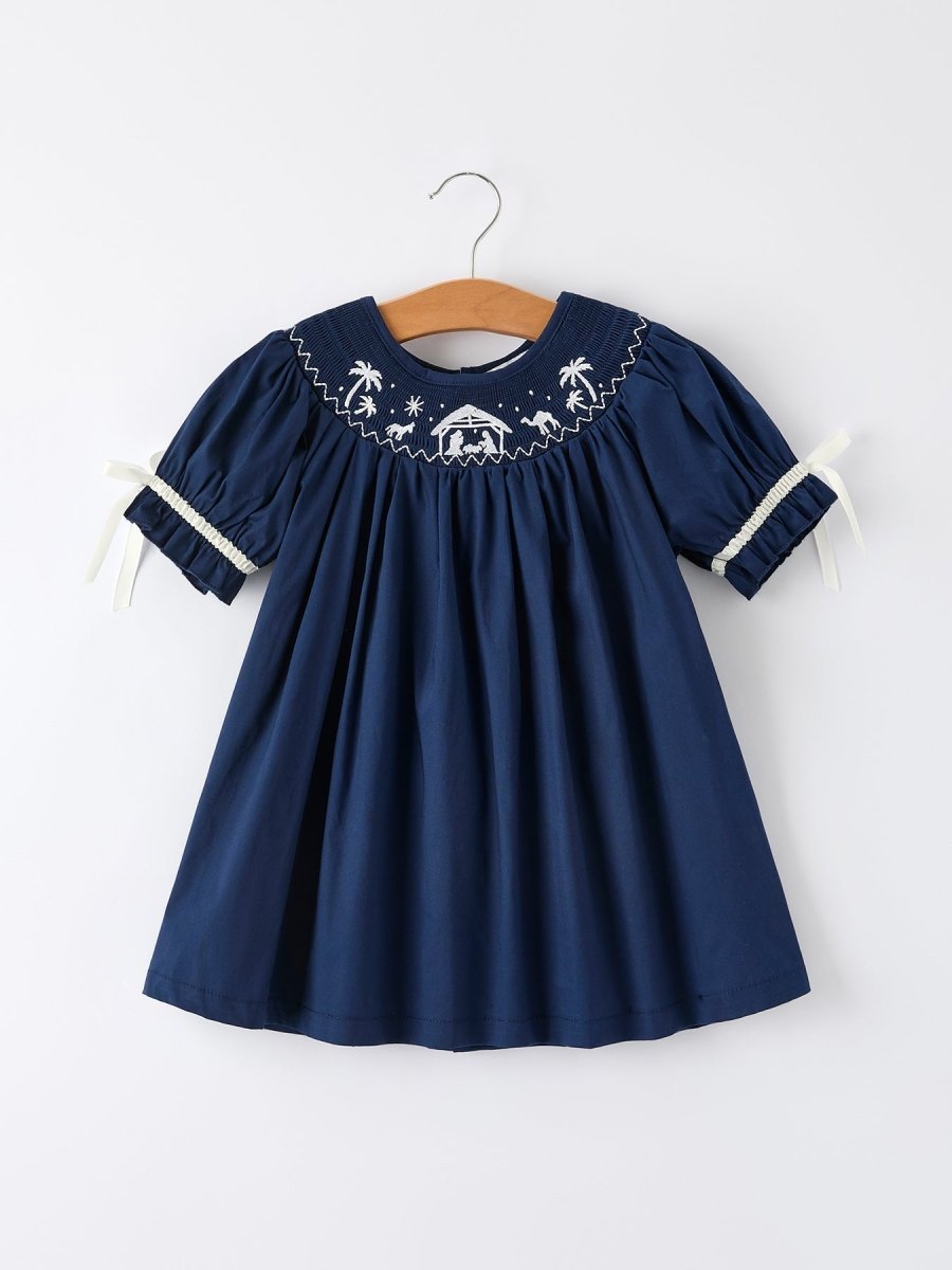 Christmas Dress - Navy Blue Nativity Smocked Embroidered - Everetts Place Boutique - 