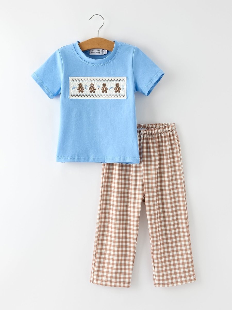 Rylee Faith Designs Christmas Embroidered Gingerbread Plaid Boys Holiday Set - Everetts Place Boutique - 