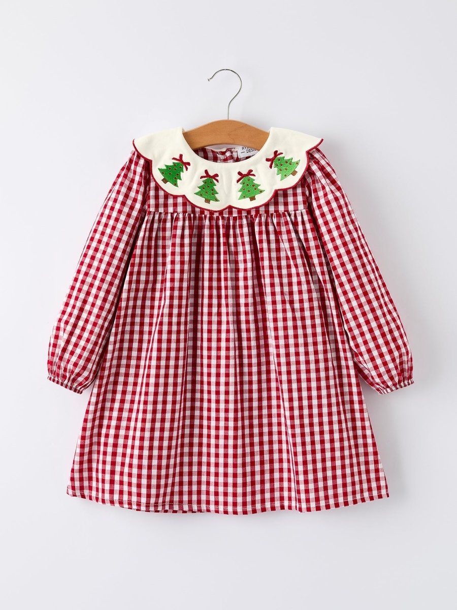 Rylee Faith Designs Christmas Embroidered Tree Collar Plaid Girls Dress - Everetts Place Boutique - 