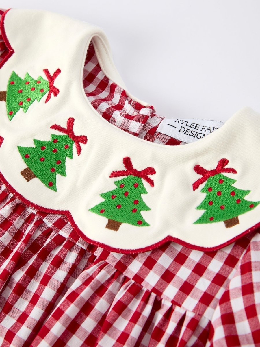 Rylee Faith Designs Christmas Embroidered Tree Collar Plaid Girls Dress - Everetts Place Boutique - 