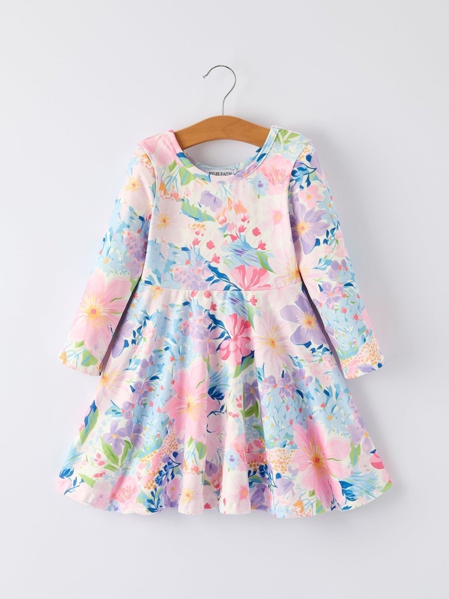 Rylee Faith Designs Christmas Floral Print Girl Dress With Long Sleeves - Everetts Place Boutique - 