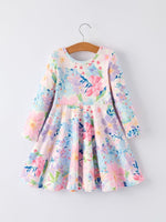 Rylee Faith Designs Christmas Floral Print Girl Dress With Long Sleeves - Everetts Place Boutique - 
