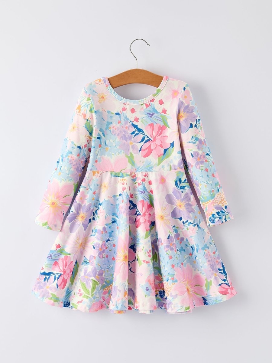 Rylee Faith Designs Christmas Floral Print Girl Dress With Long Sleeves - Everetts Place Boutique - 