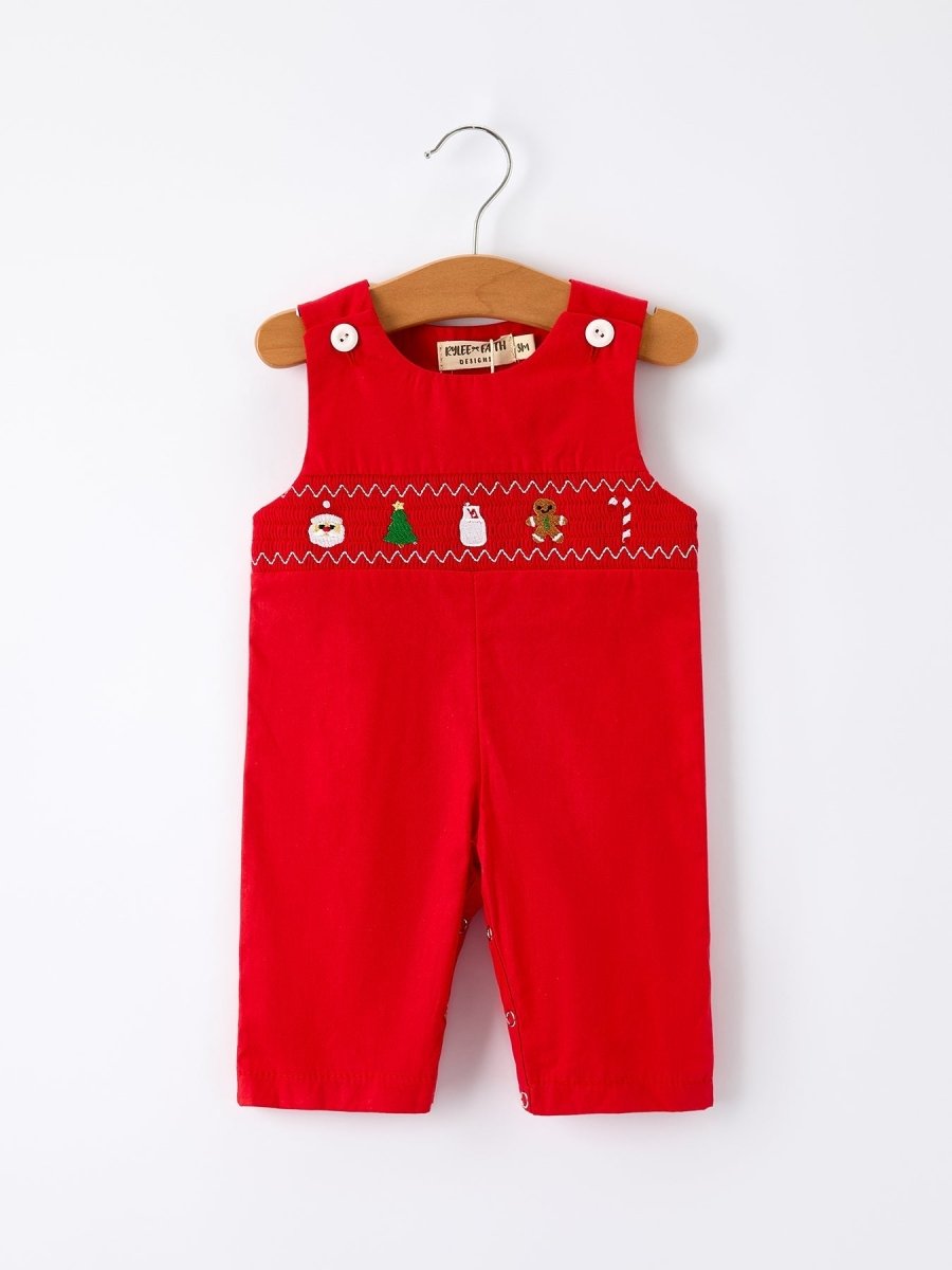 Rylee Faith Designs Christmas Gingerbread Embroidery Red Baby Boy Romper Bow - Everetts Place Boutique - 