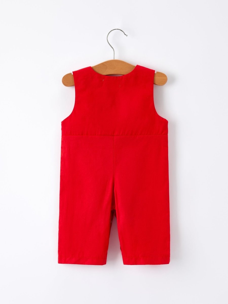 Rylee Faith Designs Christmas Gingerbread Embroidery Red Baby Boy Romper Bow - Everetts Place Boutique - 