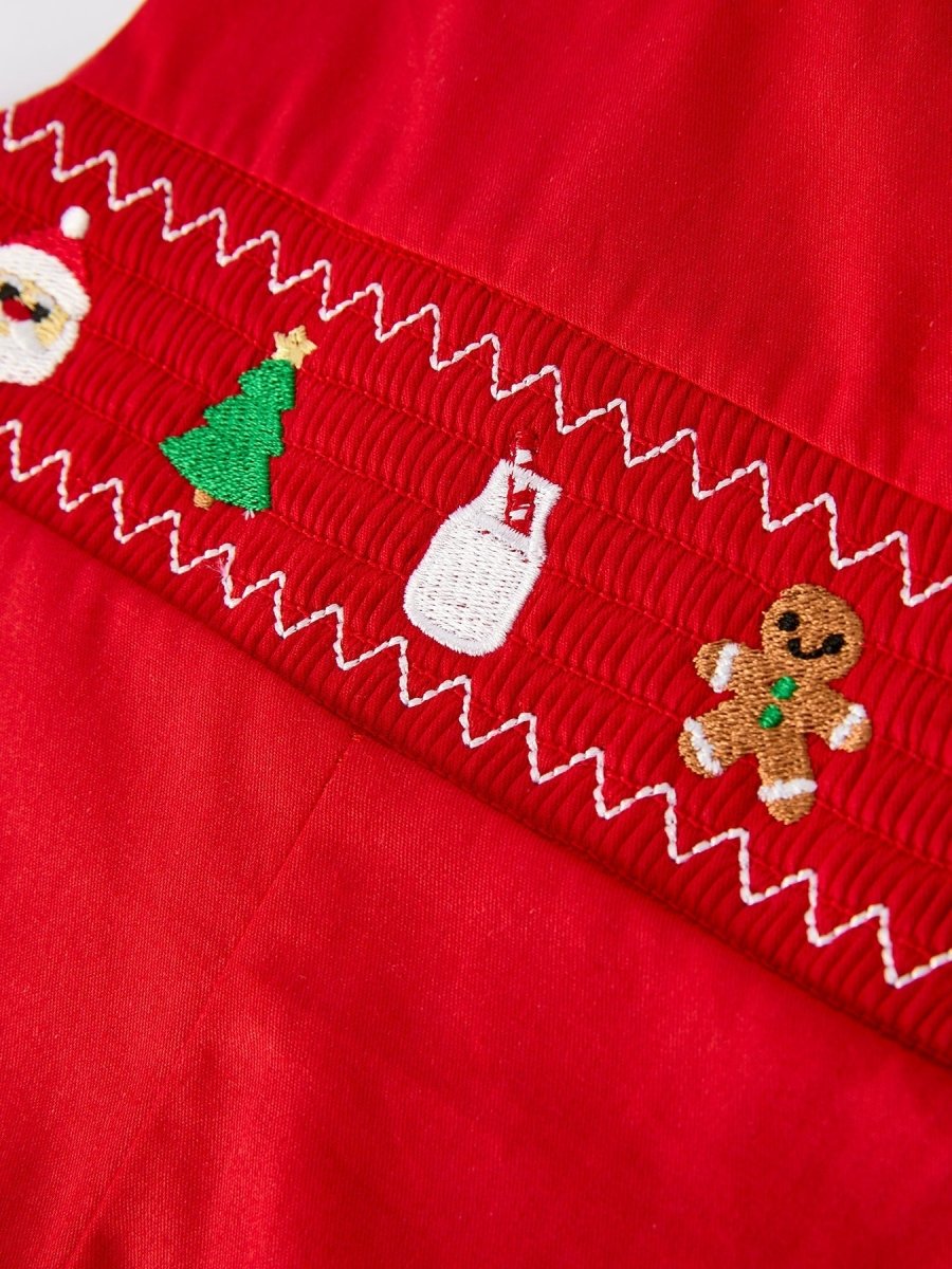 Rylee Faith Designs Christmas Gingerbread Embroidery Red Baby Boy Romper Bow - Everetts Place Boutique - 