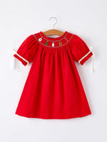 Rylee Faith Designs Christmas Gingerbread Embroidery Red Girls Dress With Bow - Everetts Place Boutique - 