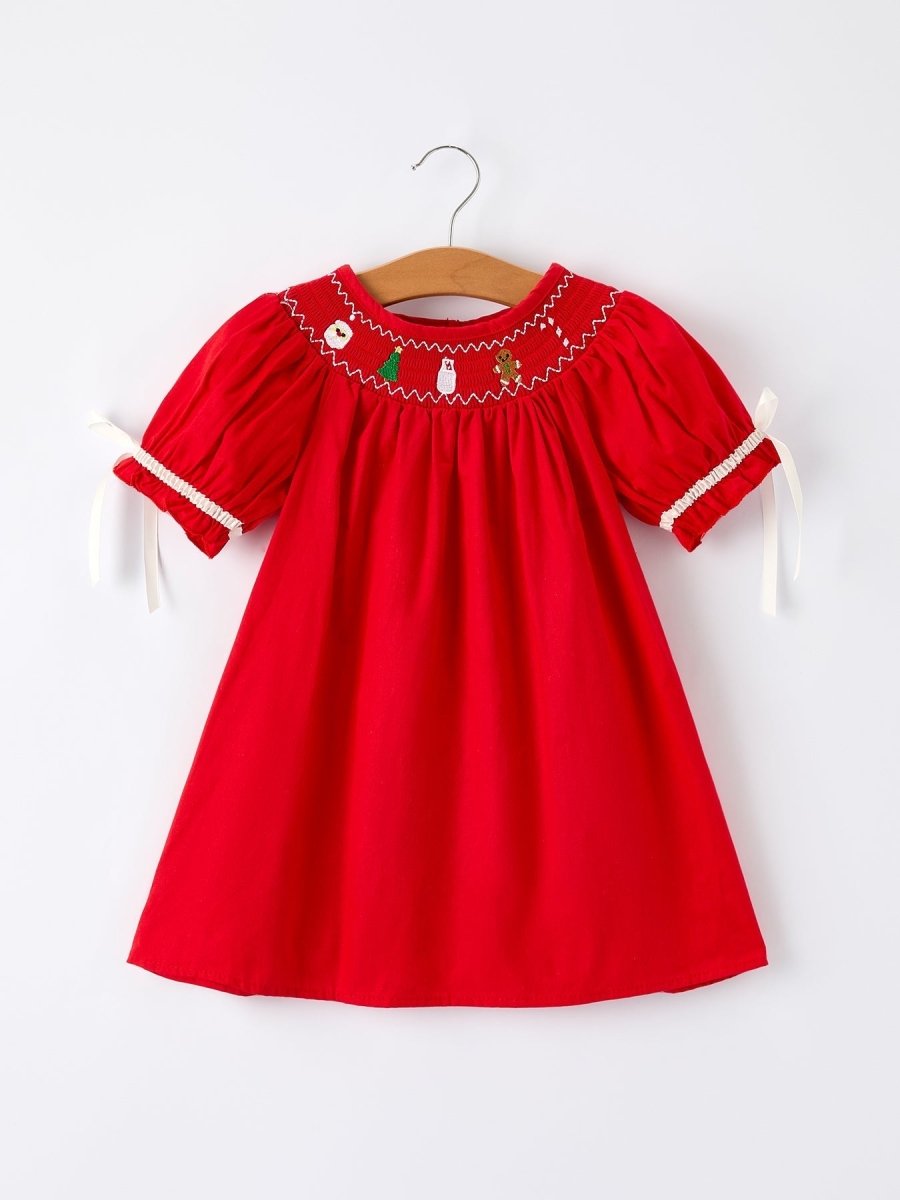 Rylee Faith Designs Christmas Gingerbread Embroidery Red Girls Dress With Bow - Everetts Place Boutique - 