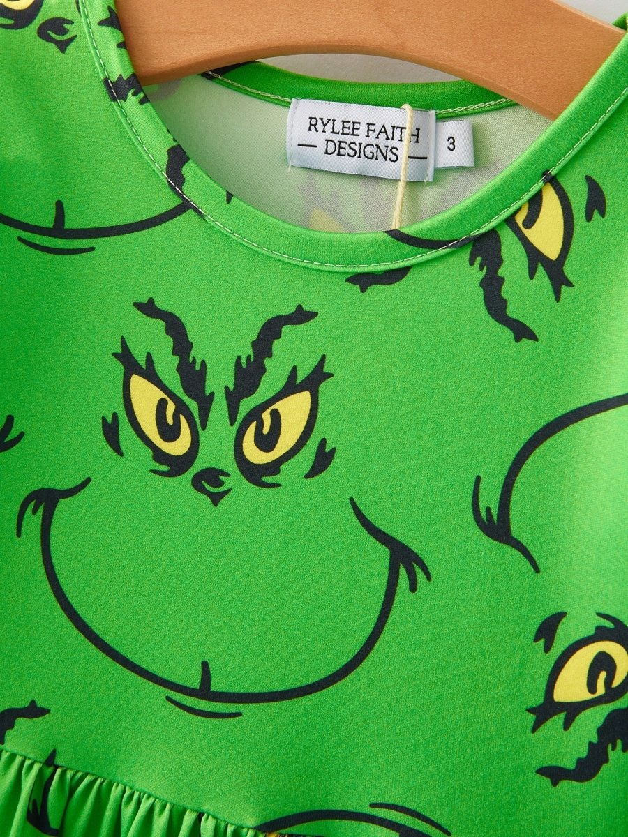 Christmas Green Cartoon Characters Print Girls Dress - Everetts Place Boutique - 