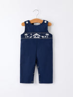 Rylee Faith Designs Christmas Navy Blue Nativity Smocking Embroidered Romper - Everetts Place Boutique - 