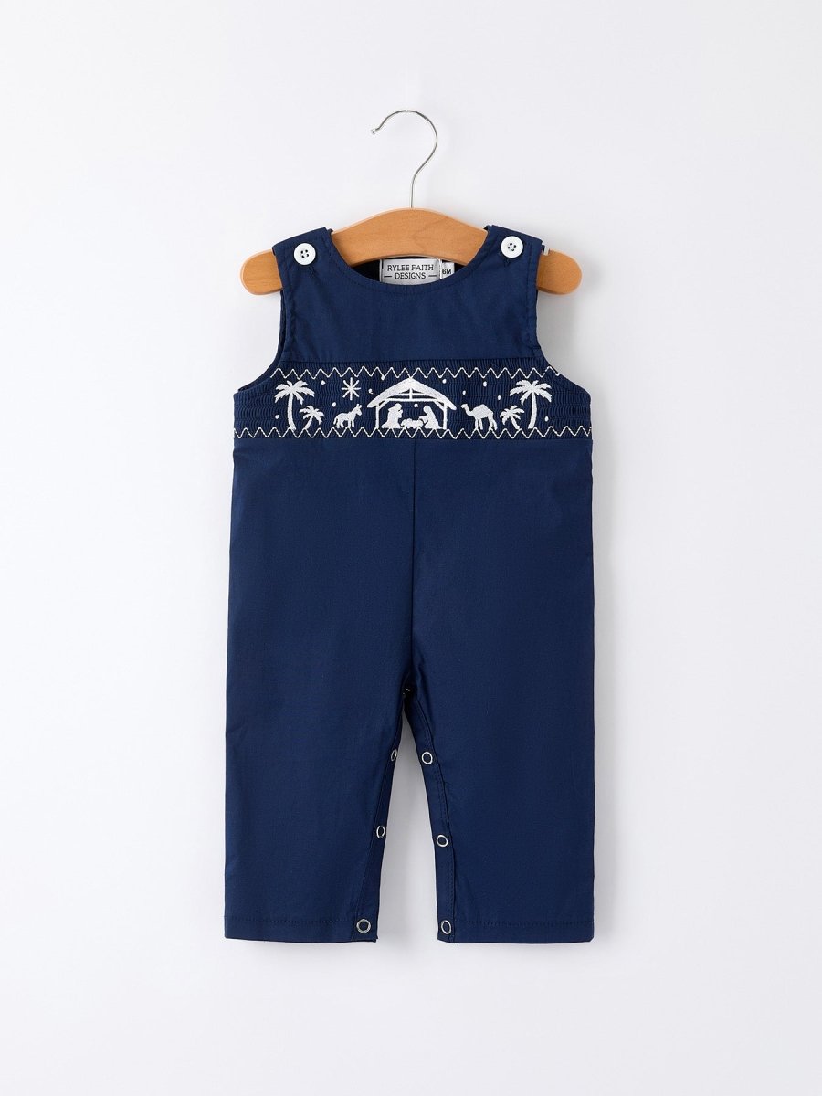Rylee Faith Designs Christmas Navy Blue Nativity Smocking Embroidered Romper - Everetts Place Boutique - 