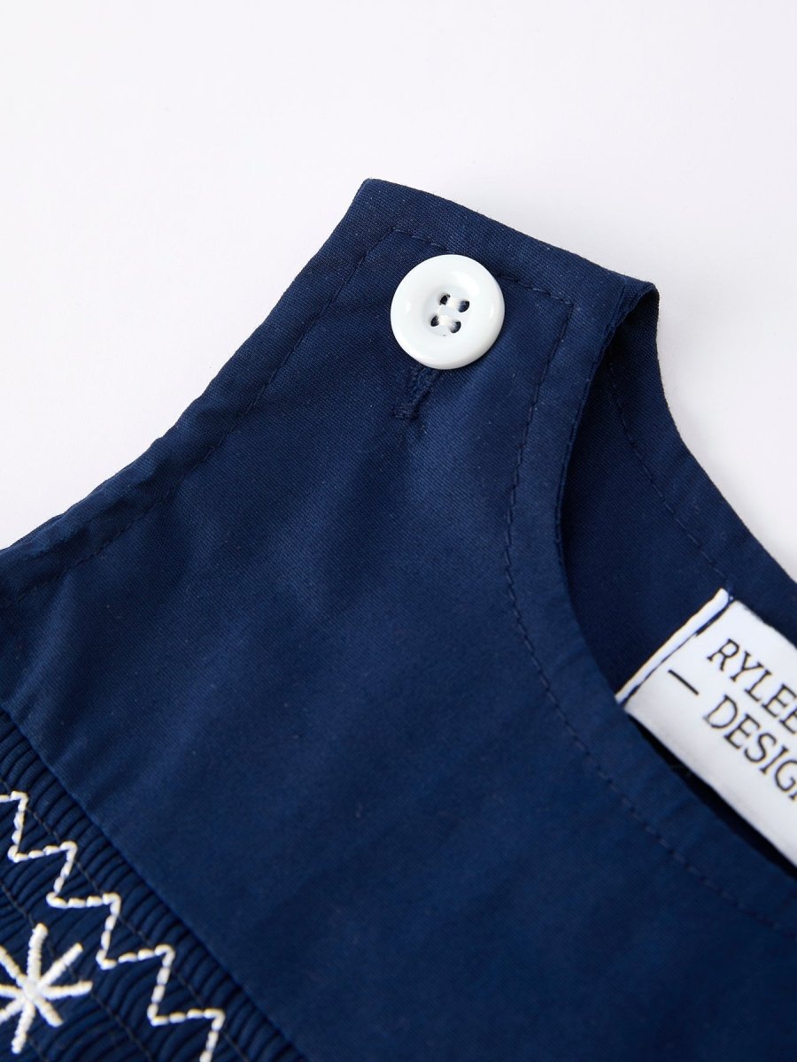 Rylee Faith Designs Christmas Navy Blue Nativity Smocking Embroidered Romper - Everetts Place Boutique - 