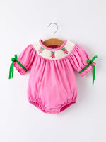 Rylee Faith Designs Christmas Pink Smocked Embroidered Tree Romper Baby Girls - Everetts Place Boutique - 