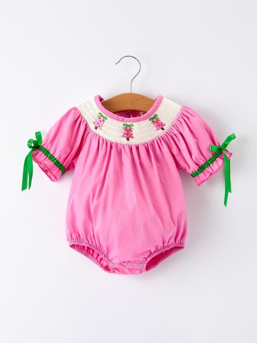 Rylee Faith Designs Christmas Pink Smocked Embroidered Tree Romper Baby Girls - Everetts Place Boutique - 
