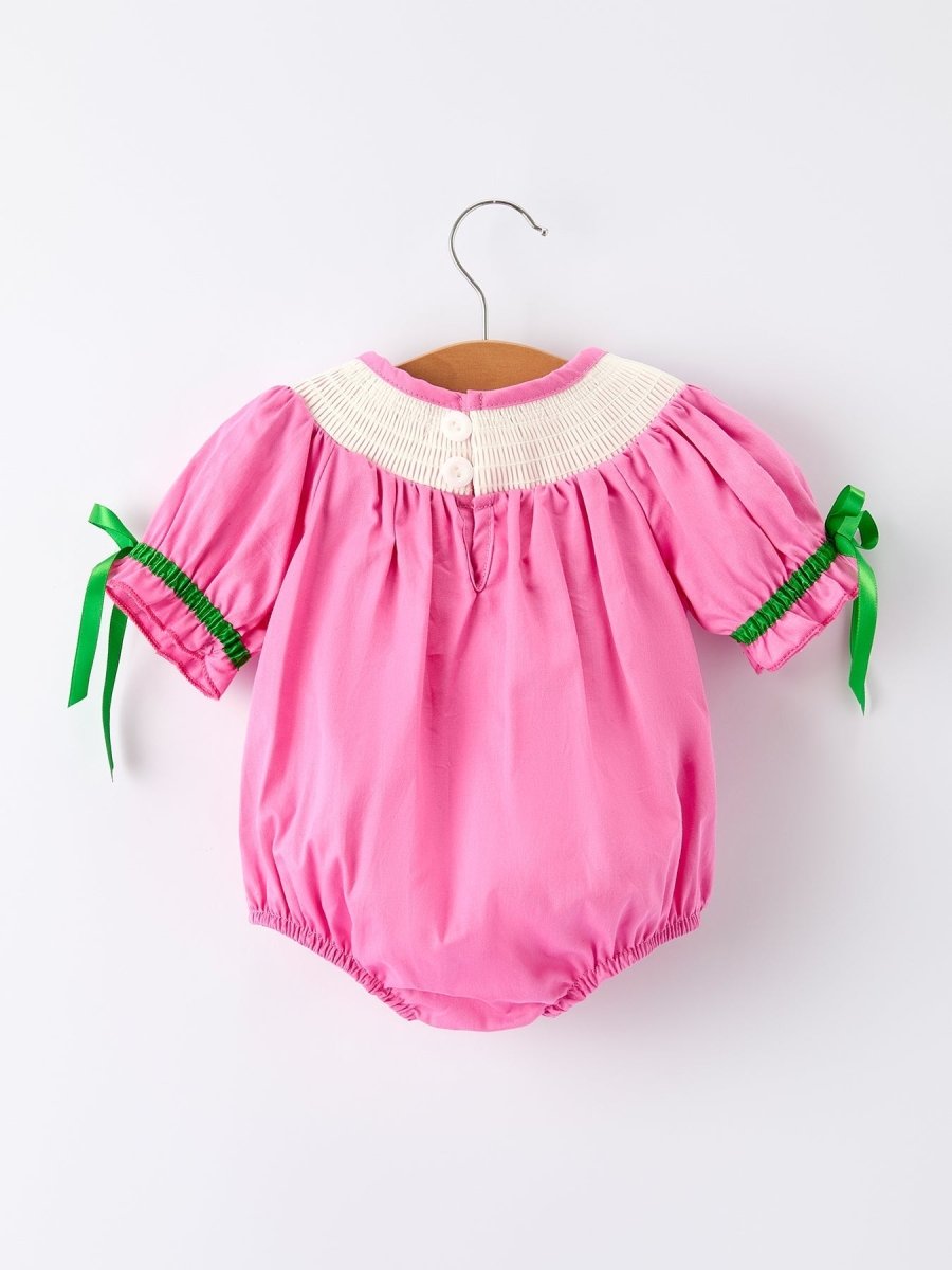 Rylee Faith Designs Christmas Pink Smocked Embroidered Tree Romper Baby Girls - Everetts Place Boutique - 
