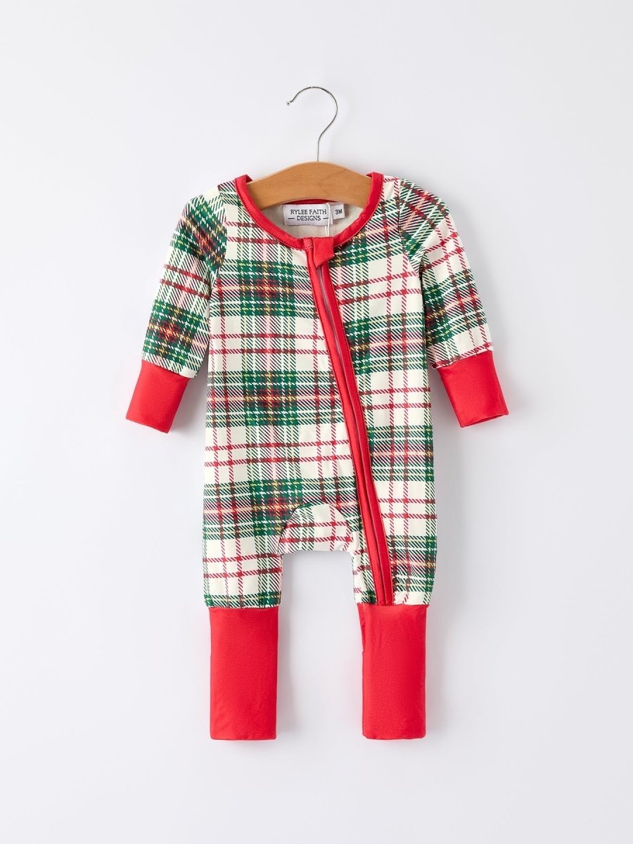 Rylee Faith Designs Christmas Plaid Baby Girls Romper Long Sleeves Red Cuffs - Everetts Place Boutique - 