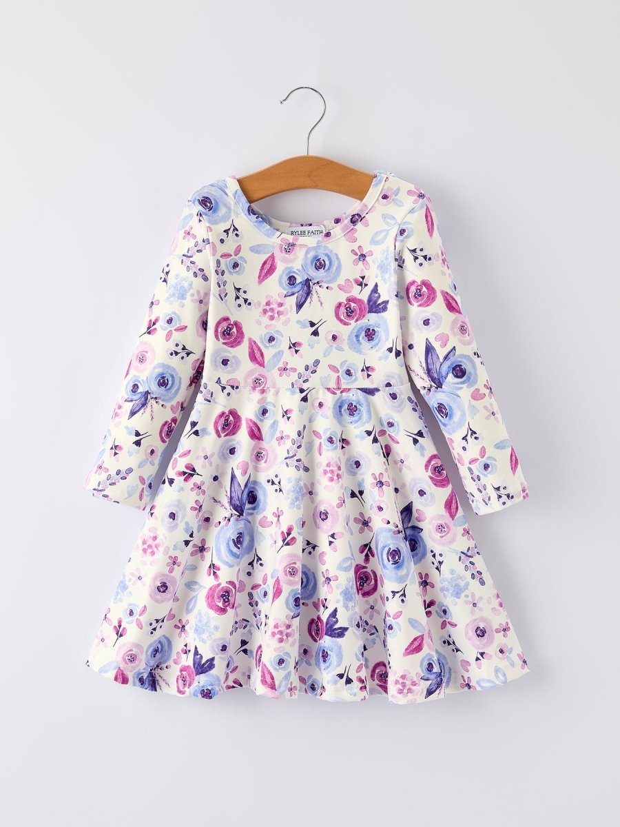 Rylee Faith Designs Christmas Purple Floral Baby Girl Dress Long Sleeves - Everetts Place Boutique - 