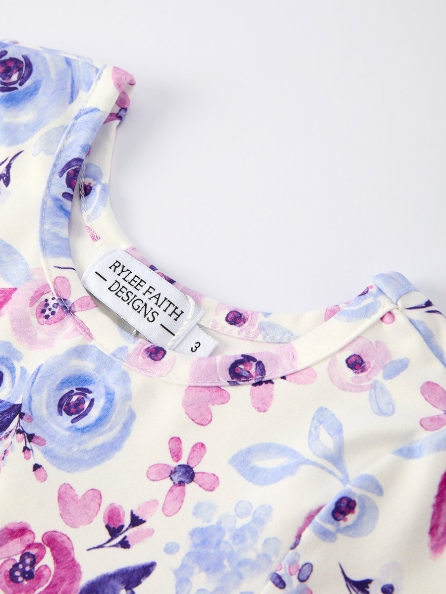 Rylee Faith Designs Christmas Purple Floral Baby Girl Dress Long Sleeves - Everetts Place Boutique - 