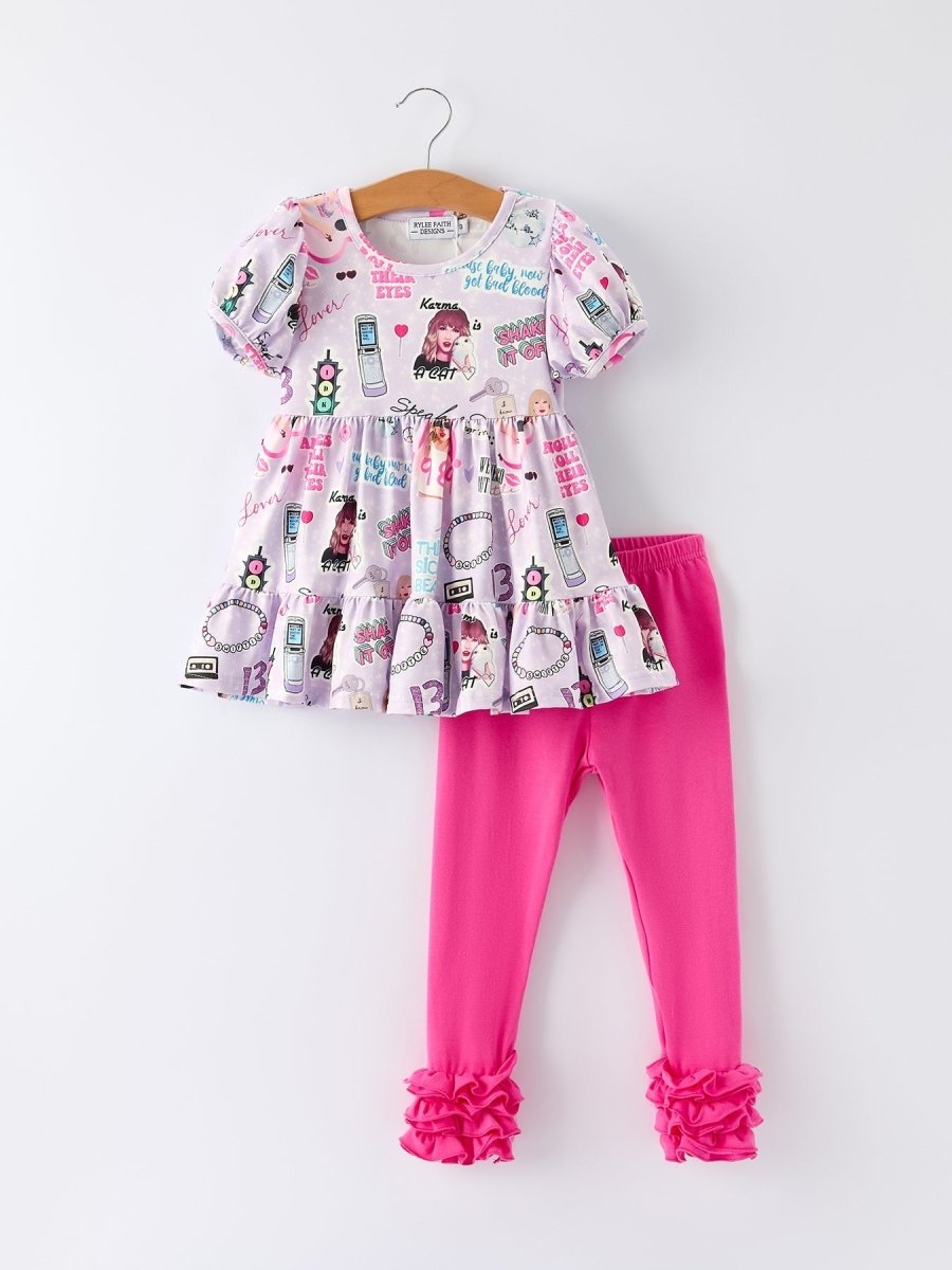 Rylee Faith Designs Christmas Purple TS Print Ruffle Sleeve Top And Leggings Set - Everetts Place Boutique - 