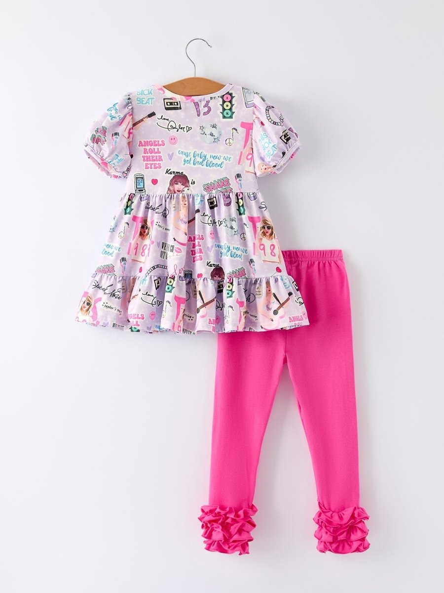 Rylee Faith Designs Christmas Purple TS Print Ruffle Sleeve Top And Leggings Set - Everetts Place Boutique - 