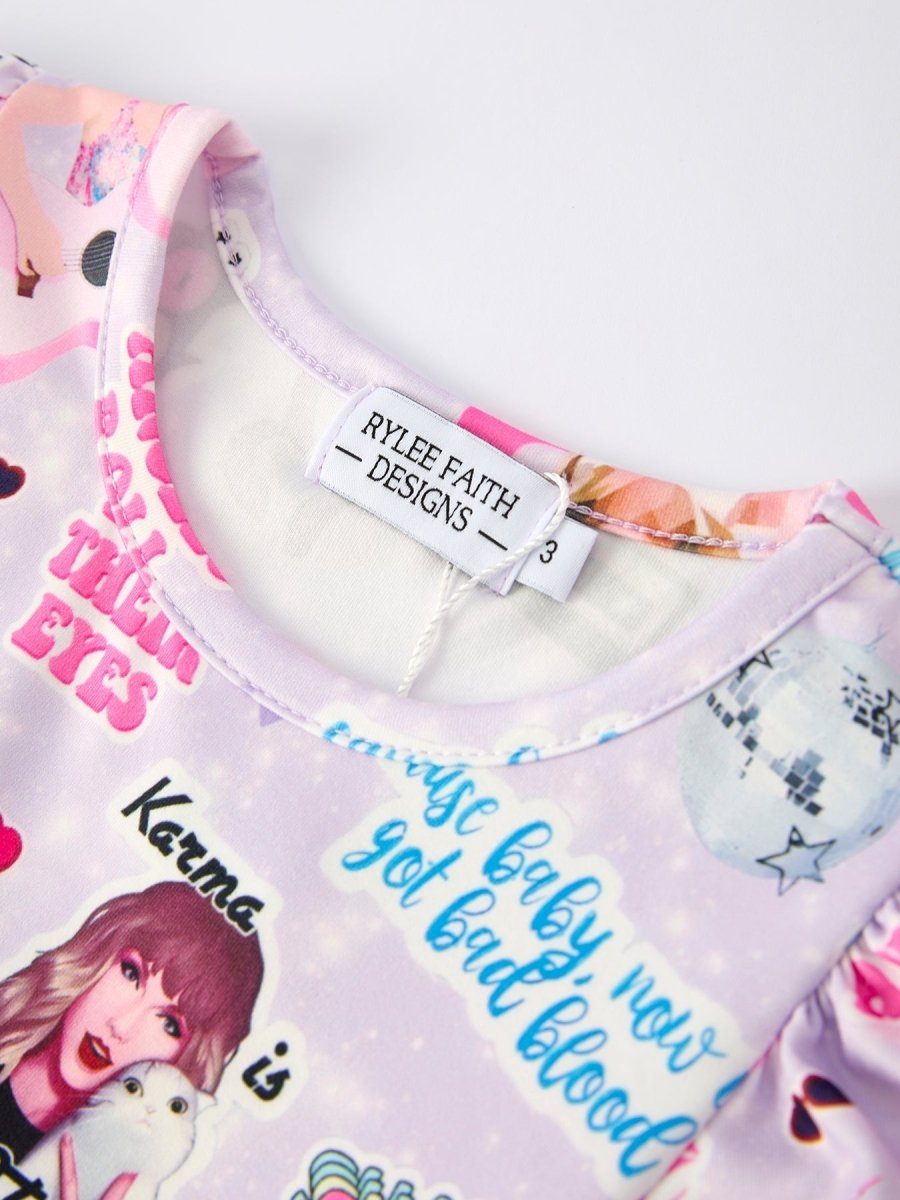 Rylee Faith Designs Christmas Purple TS Print Ruffle Sleeve Top And Leggings Set - Everetts Place Boutique - 