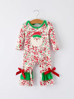 Rylee Faith Designs Christmas Santa Applique Floral Long Sleeve Baby Romper Bow - Everetts Place Boutique - 