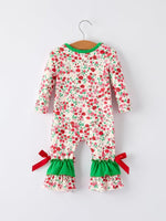 Rylee Faith Designs Christmas Santa Applique Floral Long Sleeve Baby Romper Bow - Everetts Place Boutique - 