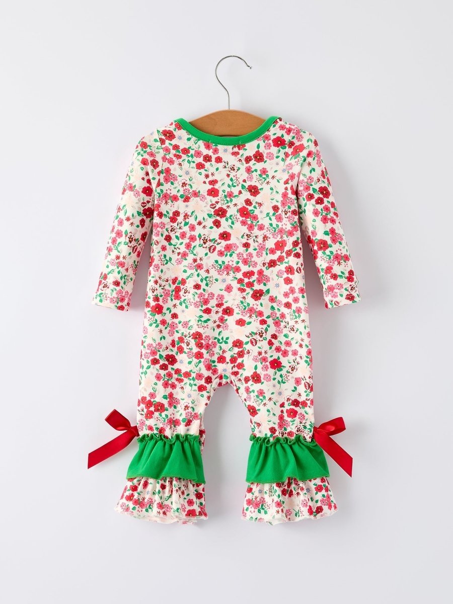 Rylee Faith Designs Christmas Santa Applique Floral Long Sleeve Baby Romper Bow - Everetts Place Boutique - 