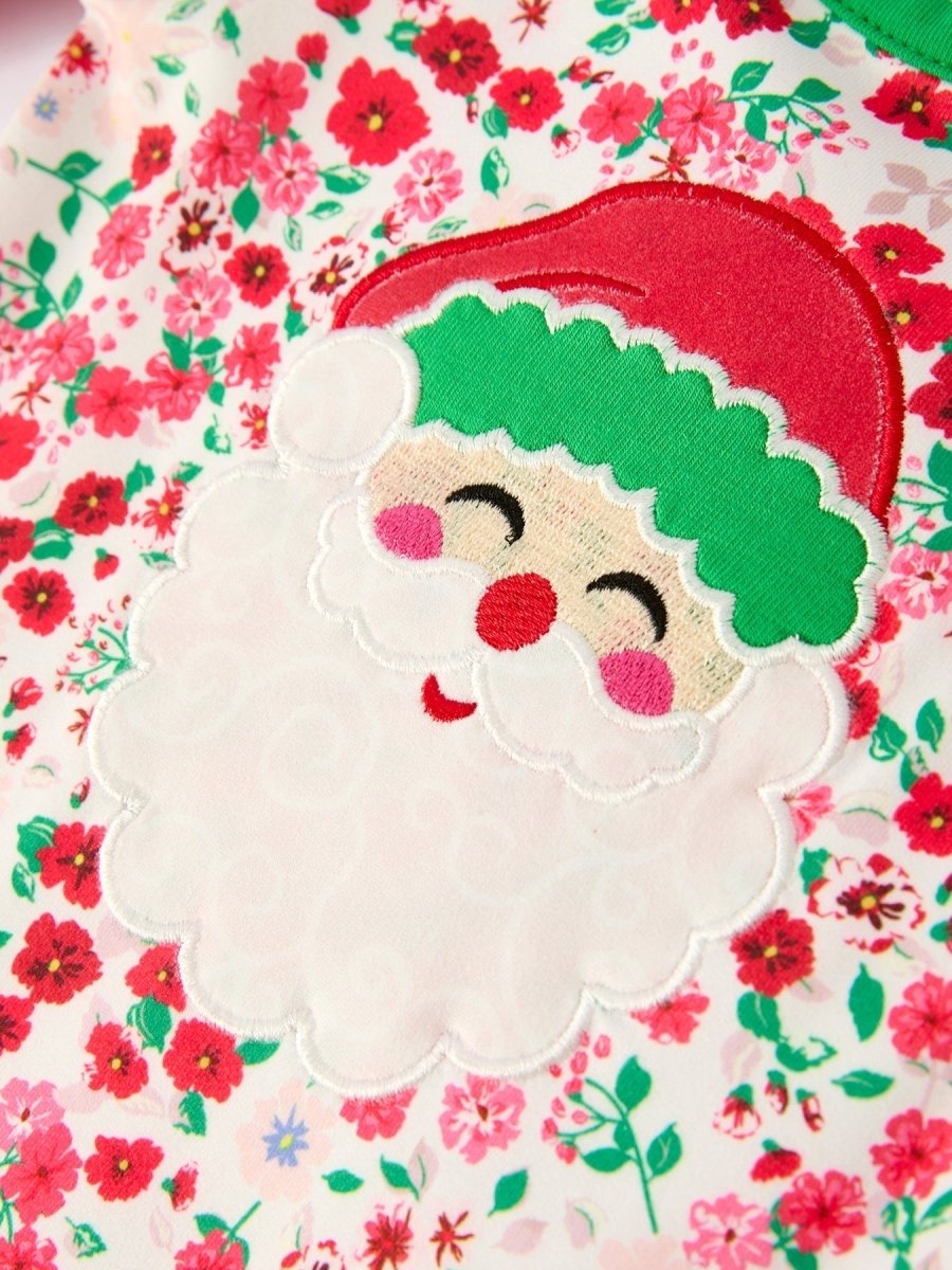 Rylee Faith Designs Christmas Santa Applique Floral Long Sleeve Baby Romper Bow - Everetts Place Boutique - 