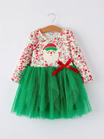 Rylee Faith Designs Christmas Santa Applique Floral Long Sleeve Girls Dress - Everetts Place Boutique - 