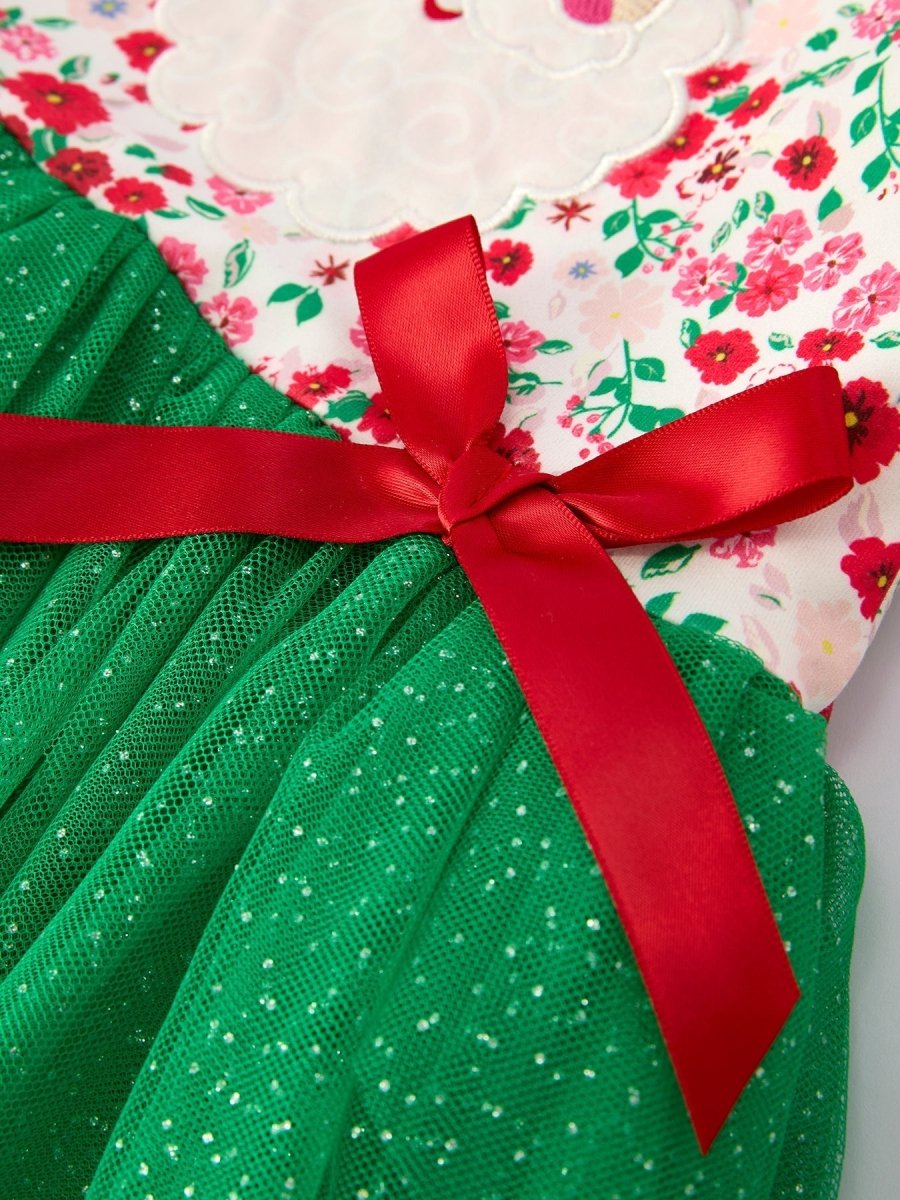 Rylee Faith Designs Christmas Santa Applique Floral Long Sleeve Girls Dress - Everetts Place Boutique - 