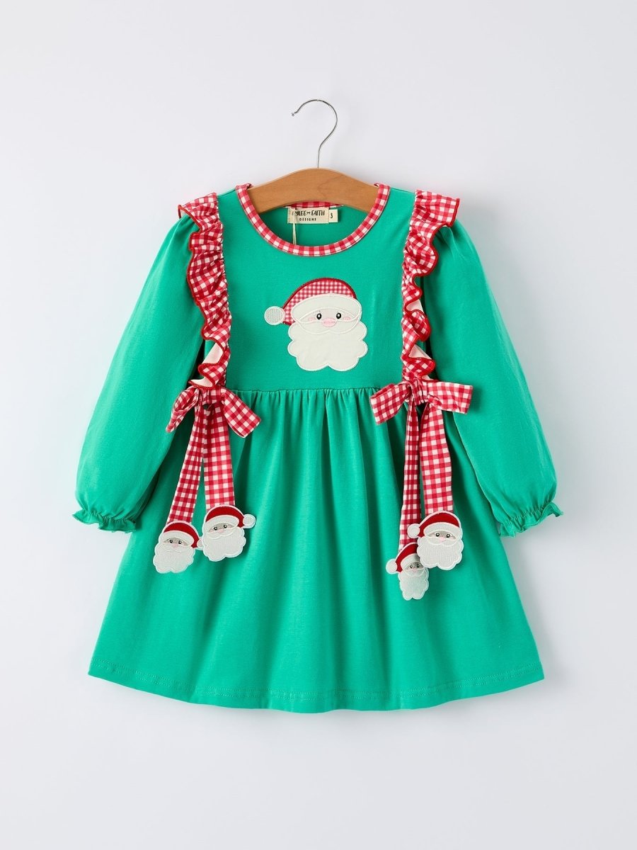 Christmas Santa Applique Red Plaid Bow Baby Girl Dress - Everetts Place Boutique - 