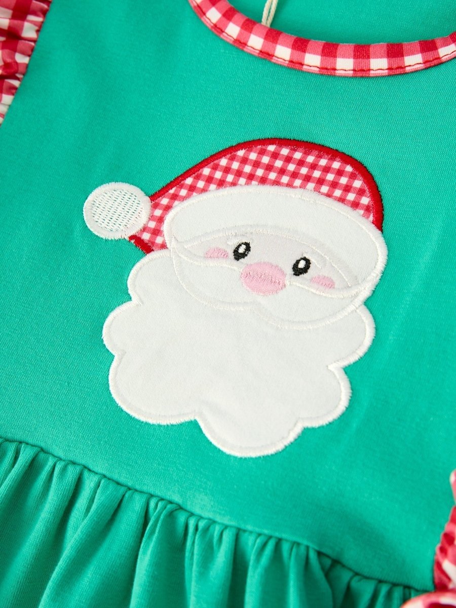 Christmas Santa Applique Red Plaid Bow Baby Girl Dress - Everetts Place Boutique - 