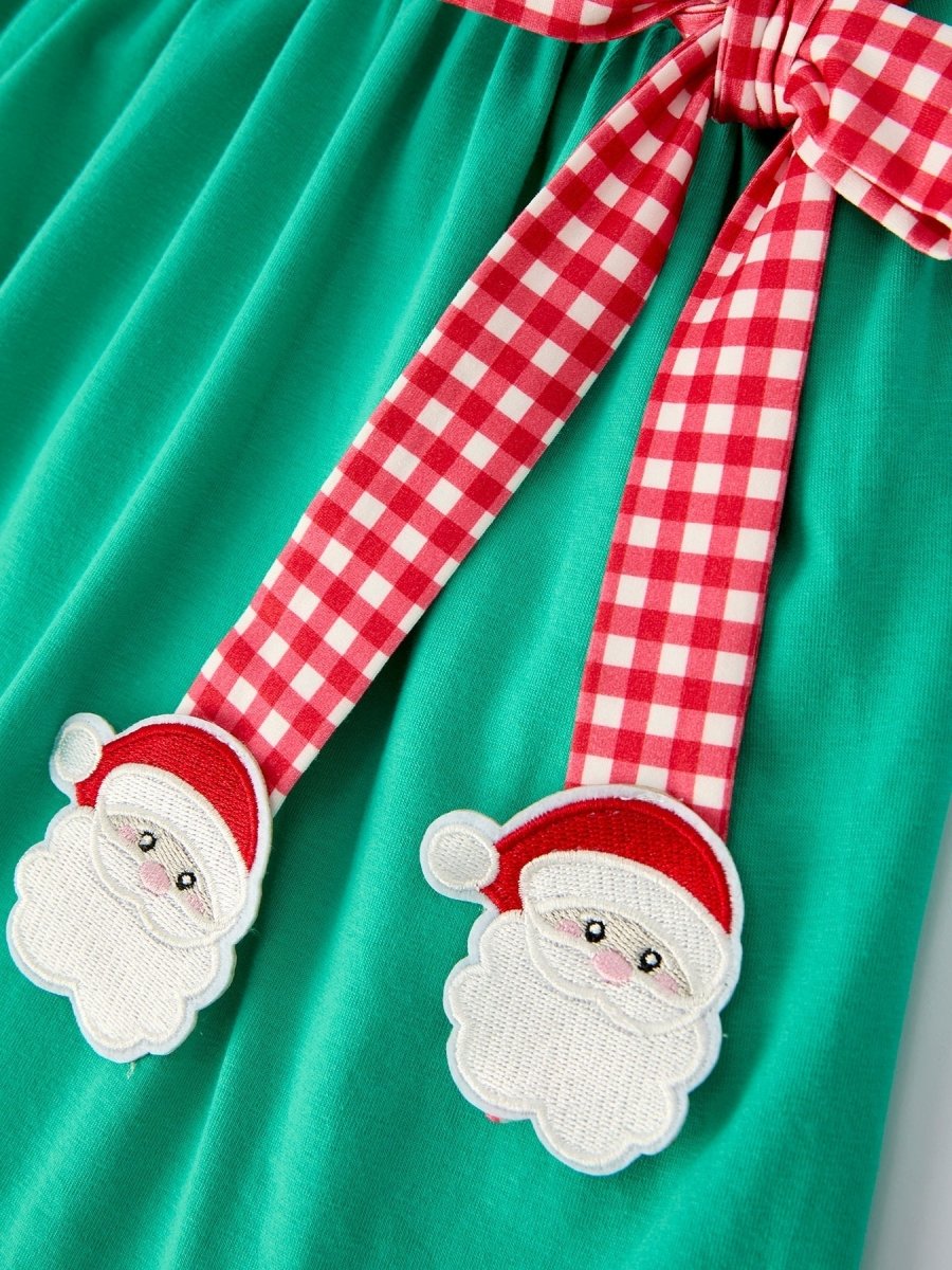 Christmas Santa Applique Red Plaid Bow Baby Girl Dress - Everetts Place Boutique - 