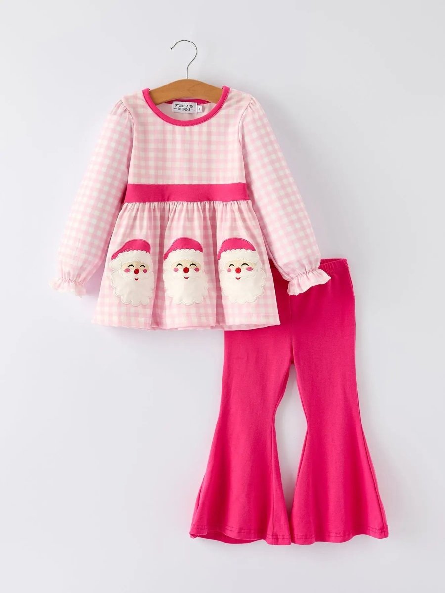 Christmas Santa Applique Striped Girls Set with Red Ruffle Trim Rylee Faith Designs Everetts Place Boutique