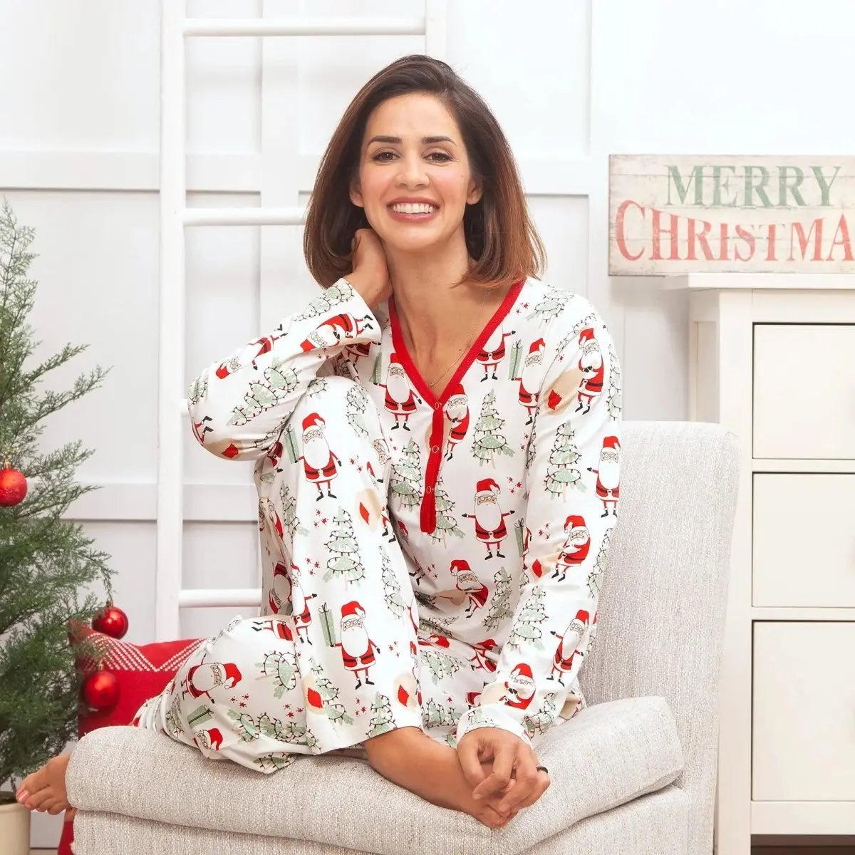 Christmas Santa Women's Bamboo Pajama Set Family Matching - Red, Nightwear, Smile, Pajamas, Happiness | Everetts Place