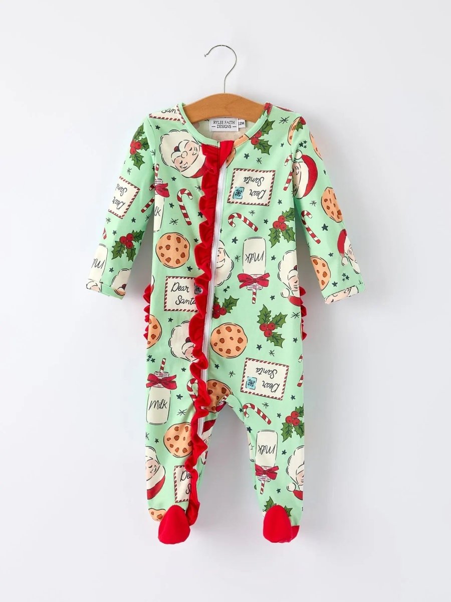 Christmas Santa Cookie Print Baby Girls Romper with Red Bow Detail Rylee Faith Designs Everetts Place Boutique
