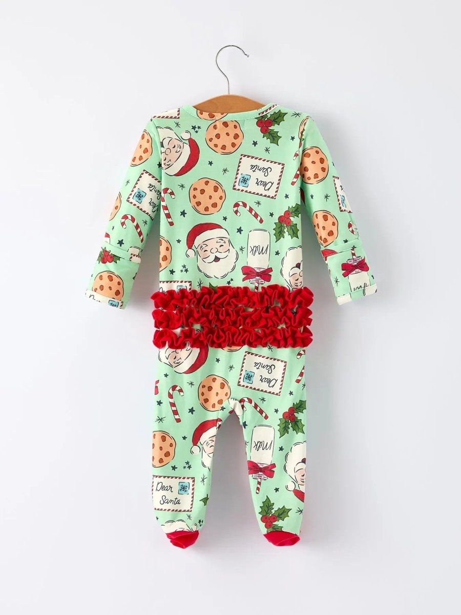 Christmas Santa Cookie Print Baby Girls Romper with Red Bow Detail Rylee Faith Designs Everetts Place Boutique