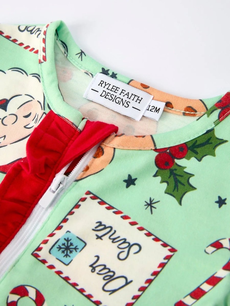 Christmas Santa Cookie Print Baby Girls Romper with Red Bow Detail Rylee Faith Designs Everetts Place Boutique