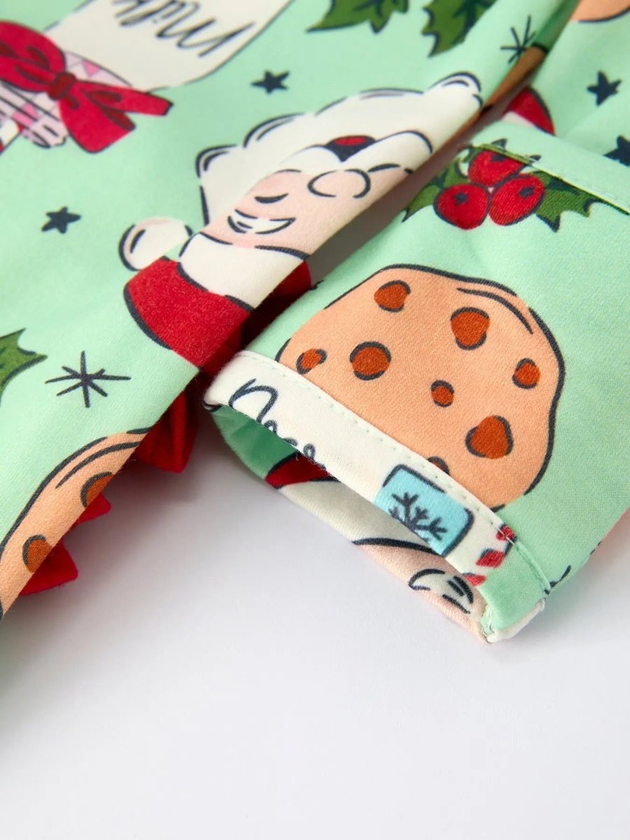 Christmas Santa Cookie Print Baby Girls Romper with Red Bow Detail Rylee Faith Designs Everetts Place Boutique