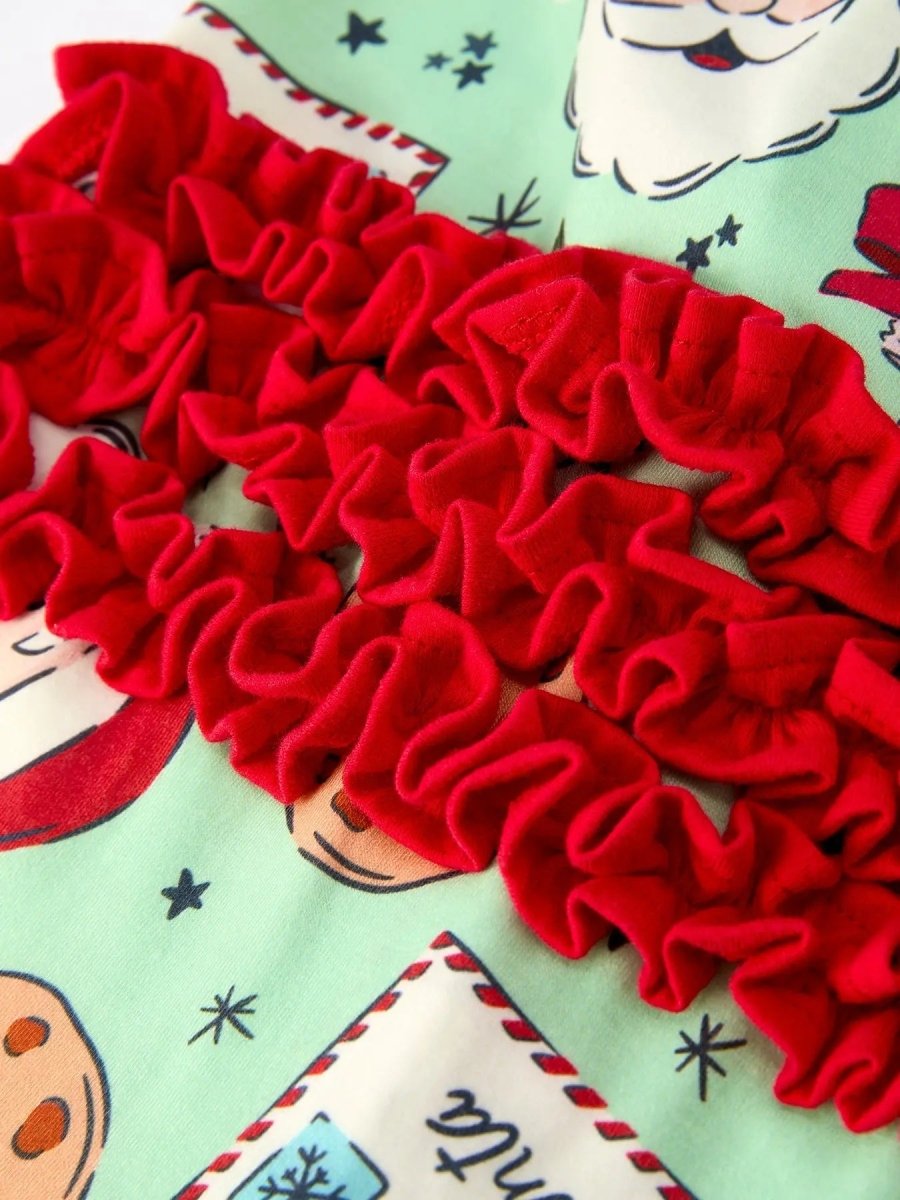 Christmas Santa Cookie Print Baby Girls Romper with Red Bow Detail Rylee Faith Designs Everetts Place Boutique