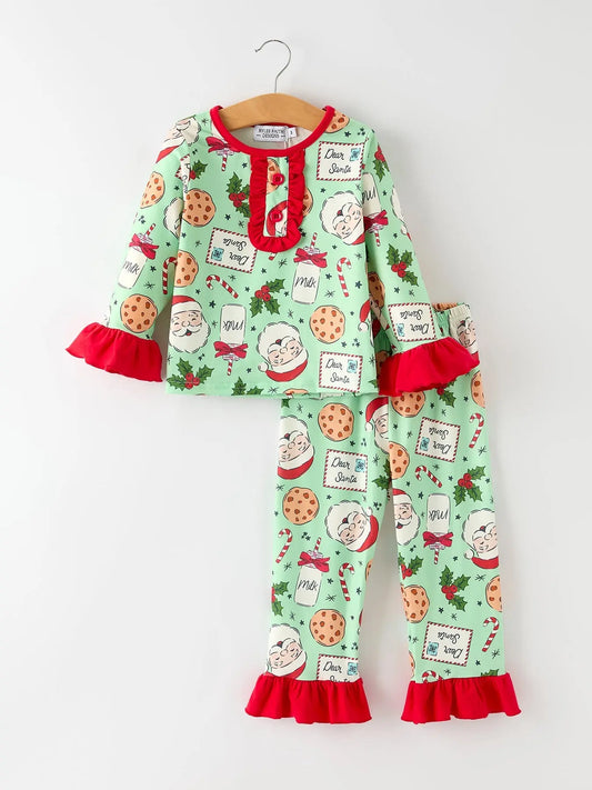 Christmas Santa and Cookie Print Girls Pajamas with Red Ruffle Rylee Faith Designs