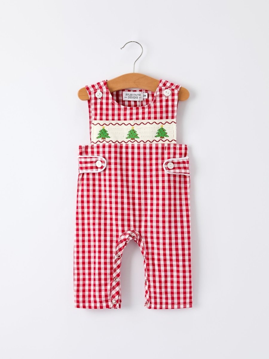 Rylee Faith Designs Christmas Smocked Embroidered Tree Plaid Romper Baby Boy - Everetts Place Boutique - 