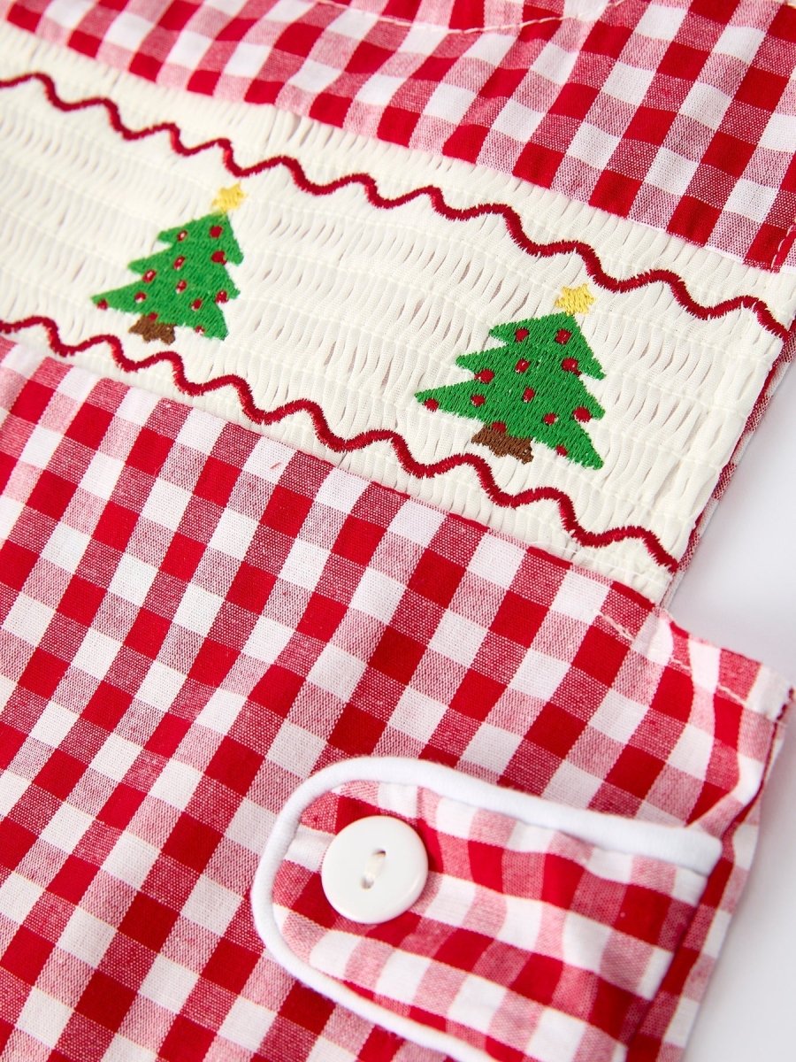 Rylee Faith Designs Christmas Smocked Embroidered Tree Plaid Romper Baby Boy - Everetts Place Boutique - 