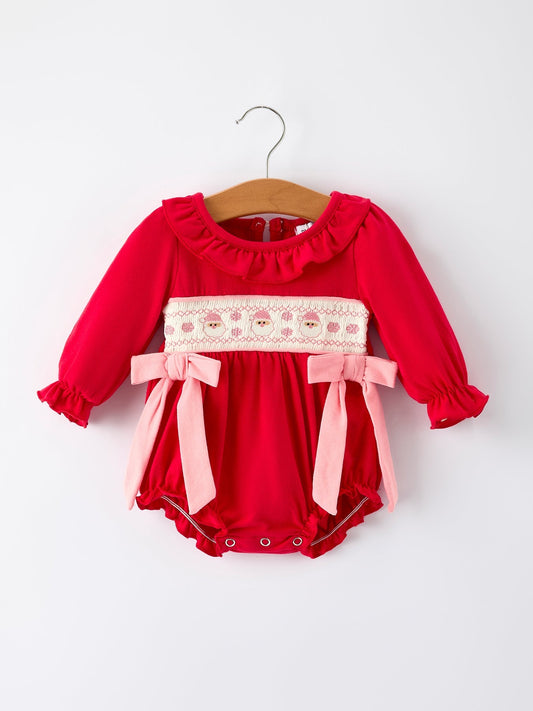 Christmas Smocked Embroidery Baby Girls Romper with Pink Ribbon Ties Rylee Faith Designs Everetts Place: Online Boutique